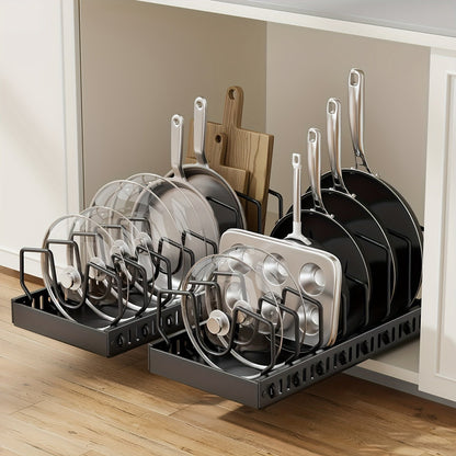 Pull Out Pot and Pan Organizer for Under Cabinet, 2-Pack Slide Out Cabinet Organizer with 8 Adjustable Dividers, Pot Lid Holder Rack for Kitchen Cookware & Baking Sheet Storage