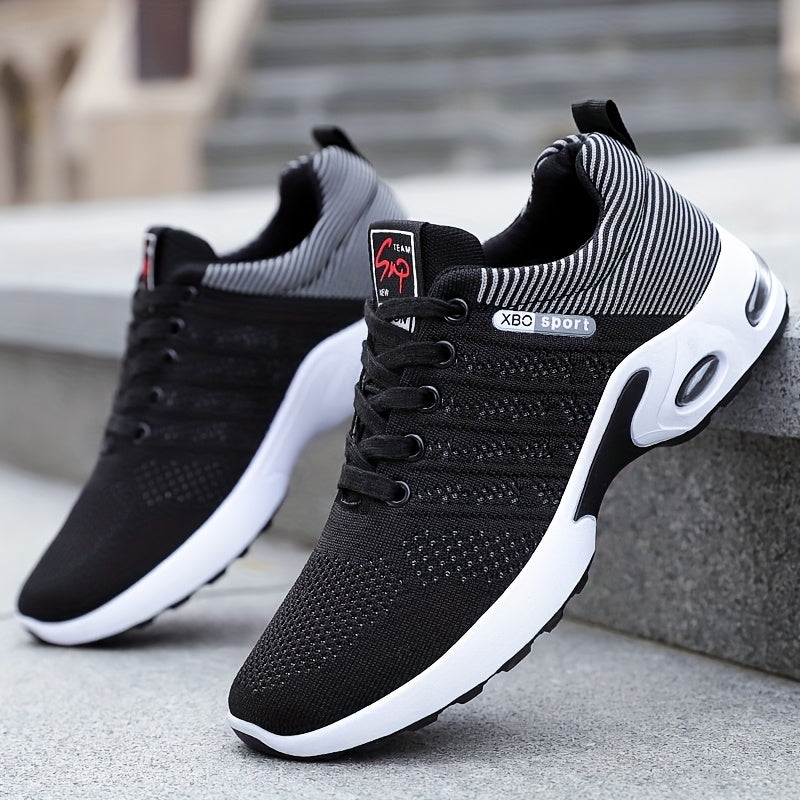 Men's Air Cushion Athletic Sneakers – Breathable Lace-Up Casual Sports Shoes with Slip-Resistant Sole, Black & White or Black Blue, Sizes US 6.5–11.5, Sporty Urban Style