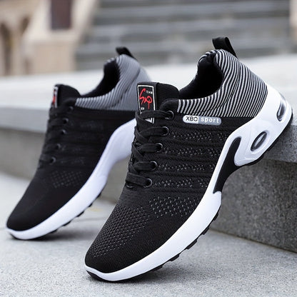 Men's Air Cushion Athletic Sneakers – Breathable Lace-Up Casual Sports Shoes with Slip-Resistant Sole, Black & White or Black Blue, Sizes US 6.5–11.5, Sporty Urban Style
