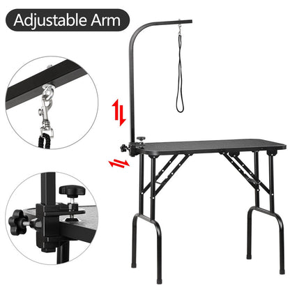 Foldable Pet Grooming Table for Dogs & Cats, Height-Adjustable Arm with Non-Slip Waterproof Surface & Folding Legs, Portable Home & Professional Pet Beauty Station