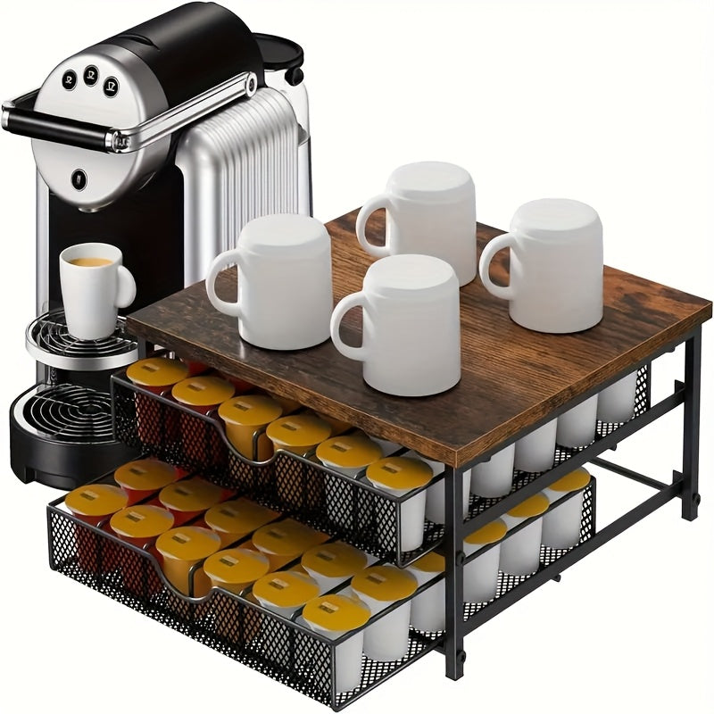 K-Cup Coffee Pod Holder Counter Storage Drawer Organizer for Keurig Nespresso Capsules Sliding Basket Double Layer 48 Pod Capacity Kitchen Countertop Coffee Station Brown