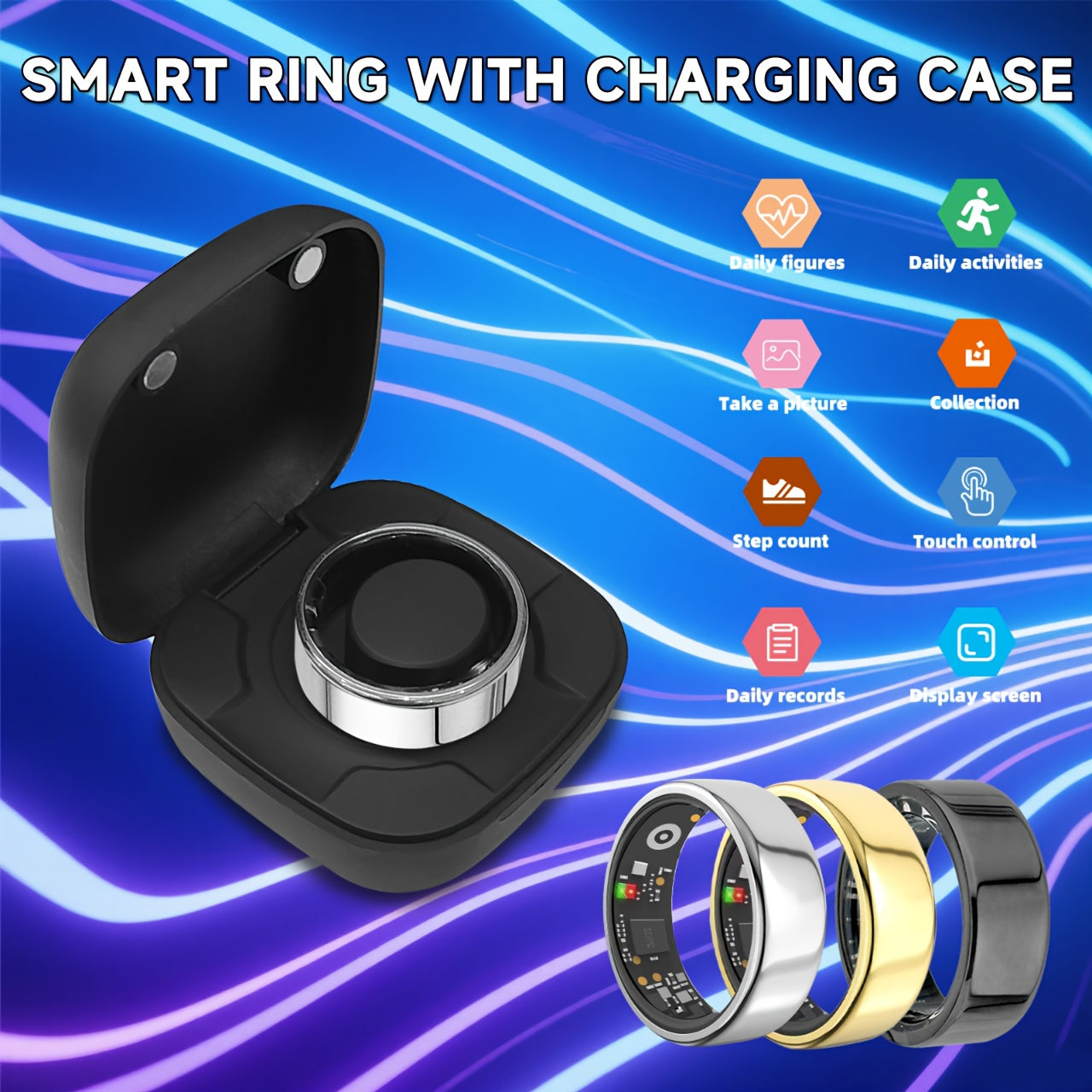 Smart Ring with Charging Case for Men & Women – Health Fitness Tracker, Sleep Tracker, Step Counter, Distance Monitor, Compatible with iPhone & Android, Sizes 7-13, Black, Silver & Gold