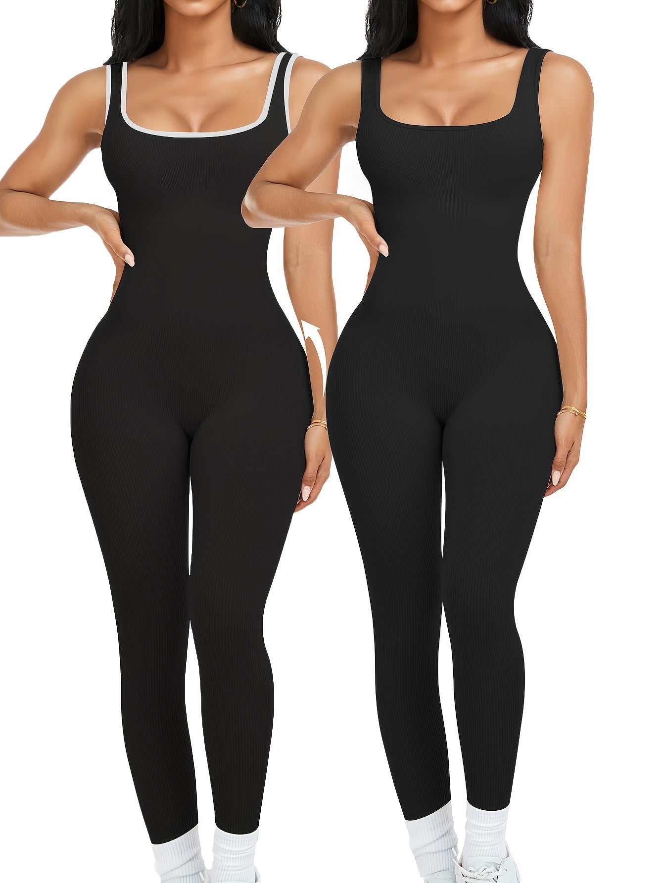 2-Pack Women's Sleeveless Square Neck Long Jumpsuit - 90% Nylon Thick Stretchy Impermeable Activewear Bodysuit for Yoga Pilates Running Fitness, Washable One-Piece Workout Suit Sizes S-XL