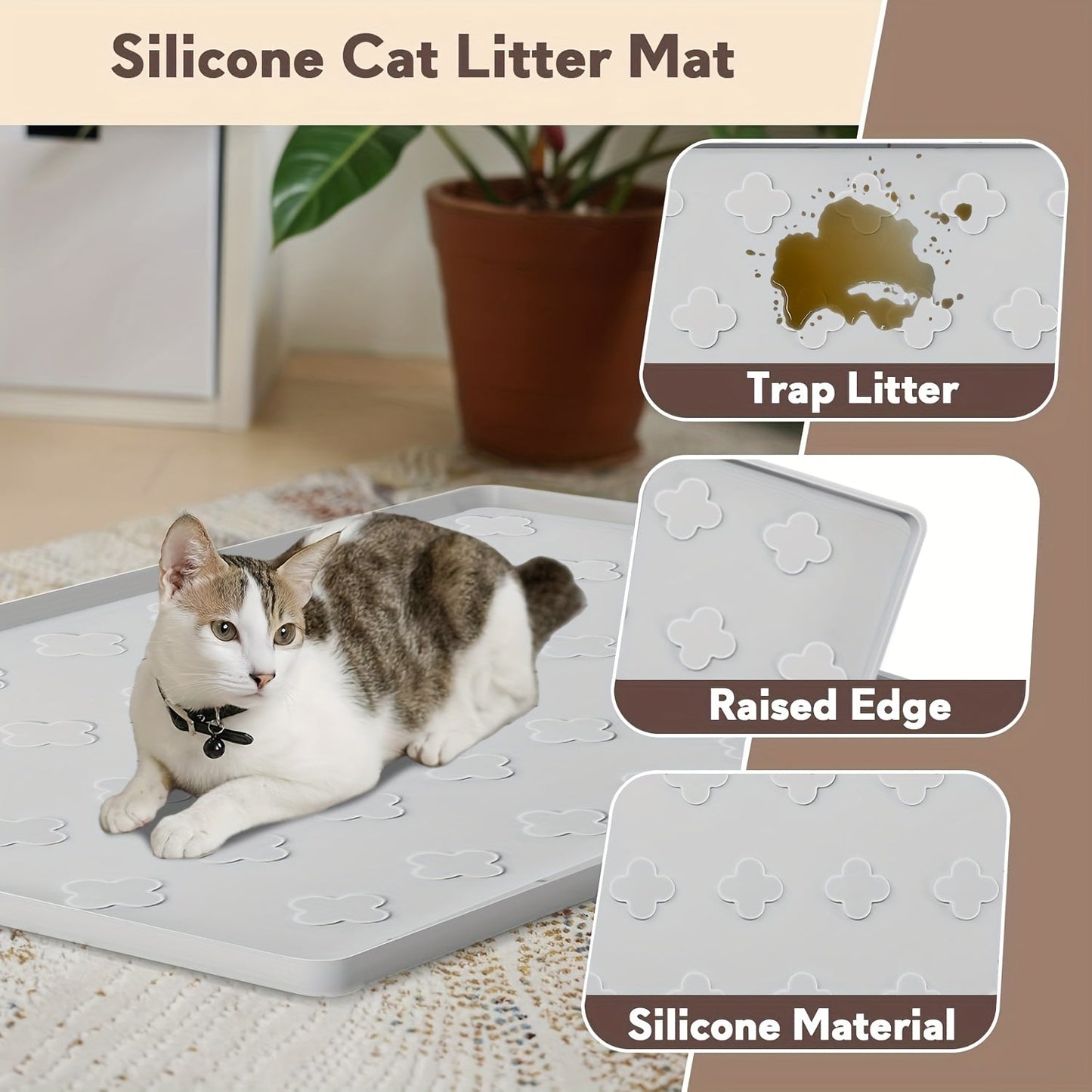 XXL Silicone Cat Litter Mat 3-in-1 – Washable Non-Slip Floor Protector with Raised Edges, Traps Litter, Kibble & Crumbs, Foldable Pet Feeding Mat for Cats, 34x22 Inch, Light Grey & Dark Gray