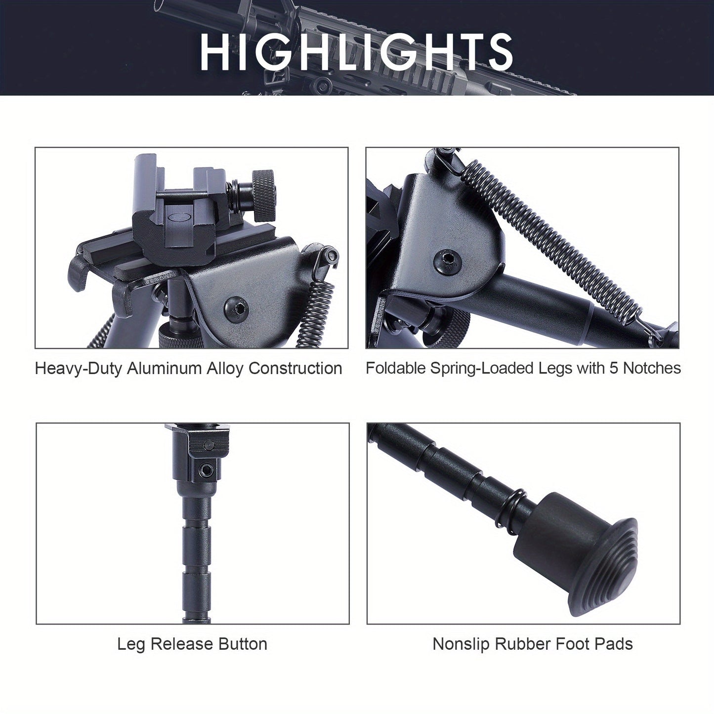 Adjustable Rifle Bipod 6-9 Inch 5 Height Settings Quick Release Adapter Foldable Retractable Lightweight Aluminum Alloy M-LOK Mount Rubber Feet for Hunting Shooting Outdoor Sports