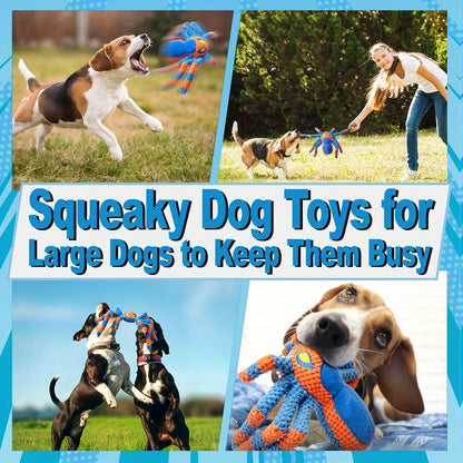 Squeaky Spider Dog Toy for Large Dogs – Interactive Crinkle Tug of War Plush Puppy Toy with Squeaker Head & Crinkle Legs, Keeps Dogs Busy for Hours, No Battery Needed, Blue & Red Spider