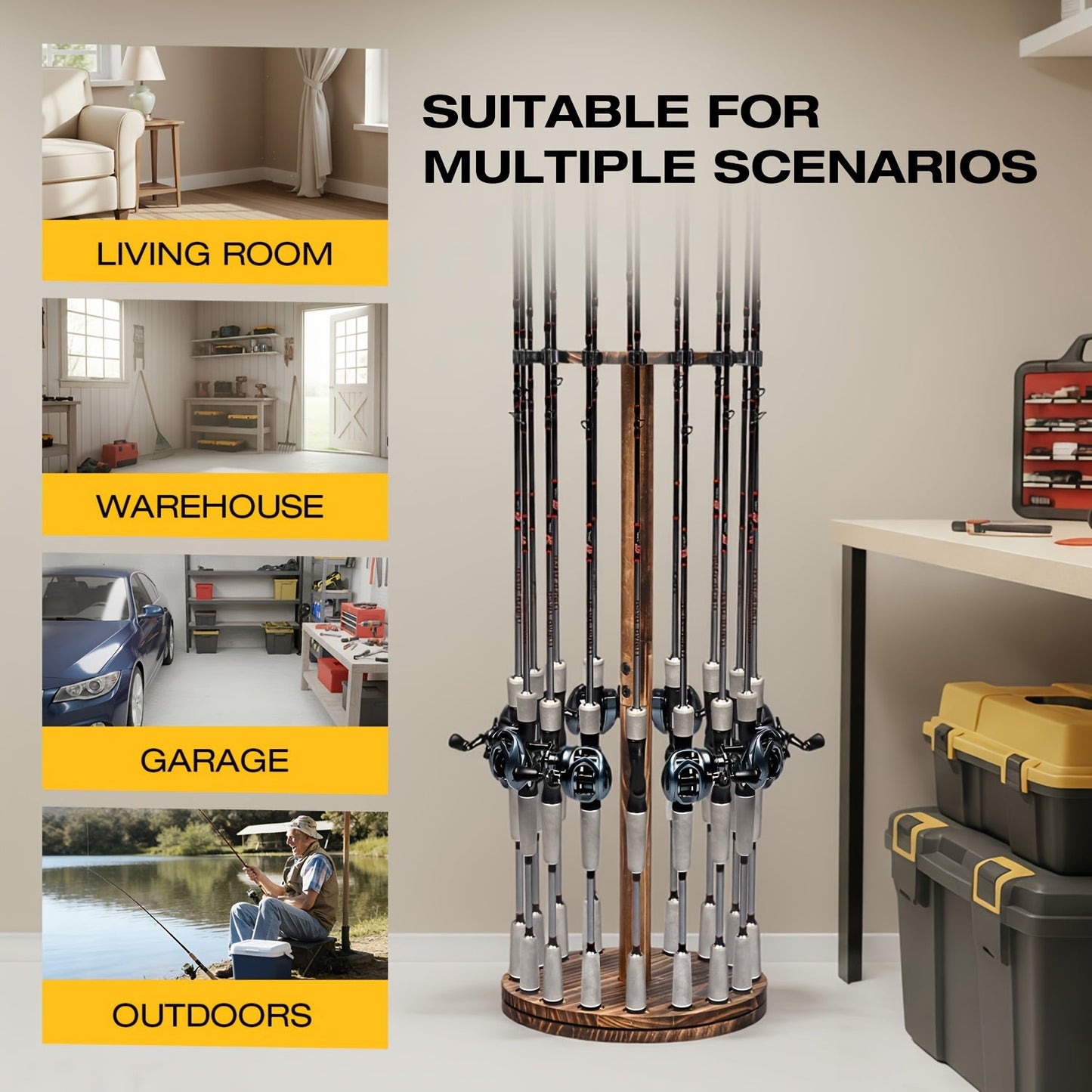 Circular Wooden Fishing Rod Rack Holds 16 Rods Space-Saving Fishing Pole Organizer for Garage Shed Man Cave – 360° Rotating & Fixed Options, Sturdy Wood Construction, Fisherman Gift