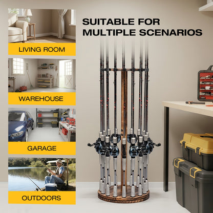 Circular Wooden Fishing Rod Rack Holds 16 Rods Space-Saving Fishing Pole Organizer for Garage Shed Man Cave – 360° Rotating & Fixed Options, Sturdy Wood Construction, Fisherman Gift