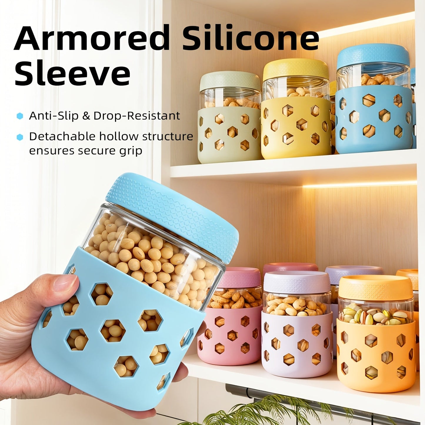 6-Pack 16oz Glass Airtight Jars with Silicone Sleeves – Moisture-Proof Food Storage Containers for Tea, Grains, Nuts, Snacks, Spices & Yogurt | BPA-Free