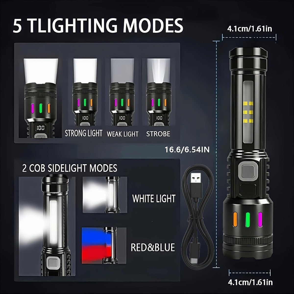 2 Pack Rechargeable LED Tactical Flashlight with Telescopic Zoom, COB Side Light & 5 Modes, High Power Handheld Flashlight USB-C for Camping Hiking Biking Emergency – Best Gift for Him
