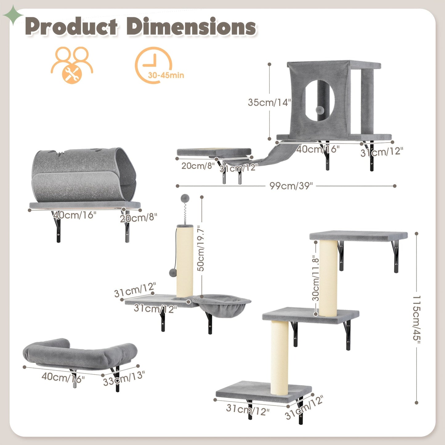 7-Piece Wall Mounted Cat Climbing Shelf Set – Deluxe Indoor Cat Furniture with Cat Condo, Wall Shelves, Scratching Post, Bridge Ladder & Tunnel, Space-Saving Cat Wall Playground for All Cat Sizes