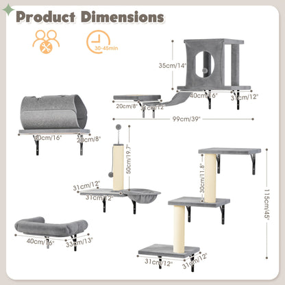 7-Piece Wall Mounted Cat Climbing Shelf Set – Deluxe Indoor Cat Furniture with Cat Condo, Wall Shelves, Scratching Post, Bridge Ladder & Tunnel, Space-Saving Cat Wall Playground for All Cat Sizes