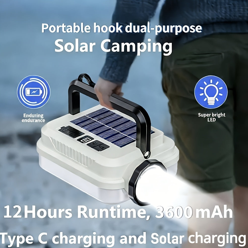 Solar Rechargeable Camping Flashlight Ultra Bright - 3600mAh Lithium Battery, 8 Lighting Modes, Hidden Hook, Portable LED Camping Lantern for Camping, Hiking, Fishing, Climbing, Emergency Power Outage
