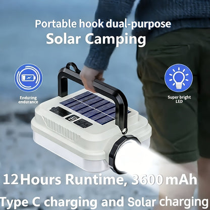 Solar Rechargeable Camping Flashlight Ultra Bright - 3600mAh Lithium Battery, 8 Lighting Modes, Hidden Hook, Portable LED Camping Lantern for Camping, Hiking, Fishing, Climbing, Emergency Power Outage