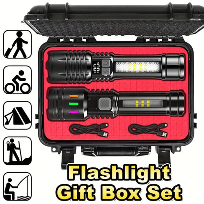 2 Pack Rechargeable LED Tactical Flashlight with Telescopic Zoom, COB Side Light & 5 Modes, High Power Handheld Flashlight USB-C for Camping Hiking Biking Emergency – Best Gift for Him