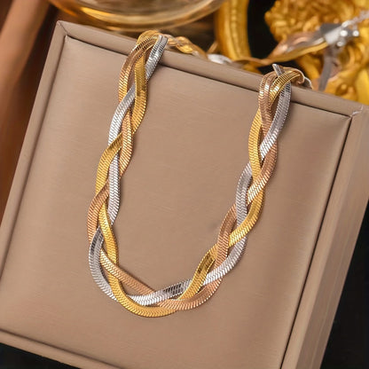 2-Piece Gold Stainless Steel Necklace & Bracelet Set for Women – Gold-Plated Tri-Color Hand-Woven Design, French Minimalist Retro Style for Daily Wear, Commute, Holiday & Party