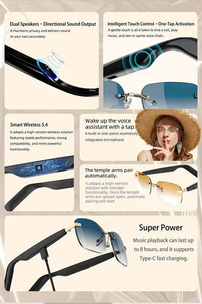 Bluetooth Smart Glasses with Touch Controls & Open Ear Audio – Integrated Microphone, Hands-Free Calls & Music, Polarized Lens, Ideal for Outdoor Sports, Driving & Everyday Wear