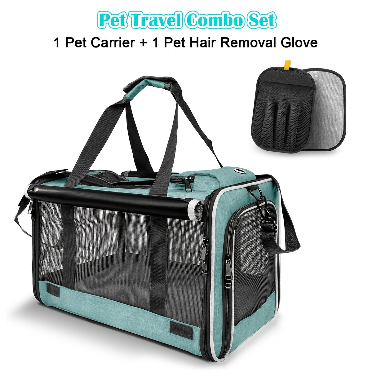 Airline Approved Pet Carrier Soft Sided – Breathable Collapsible Travel Bag for Cats & Small Dogs with Accessories Bundle Collar Bowls or Pet Glove 10 Colors Pink Blue Black Gray Navy Green Orange
