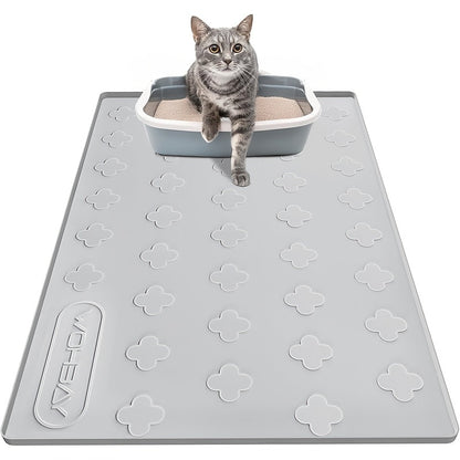 XXL Silicone Cat Litter Mat 3-in-1 – Washable Non-Slip Floor Protector with Raised Edges, Traps Litter, Kibble & Crumbs, Foldable Pet Feeding Mat for Cats, 34x22 Inch, Light Grey & Dark Gray