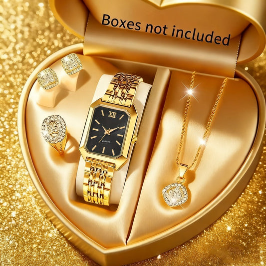 Women's 5-Piece Golden Tone Quartz Watch & Jewelry Set – Square Dial Watch with Matching Necklace, Earrings & Ring, Elegant Gift Set for Parties, Weddings & Special Occasions, 3 Colors