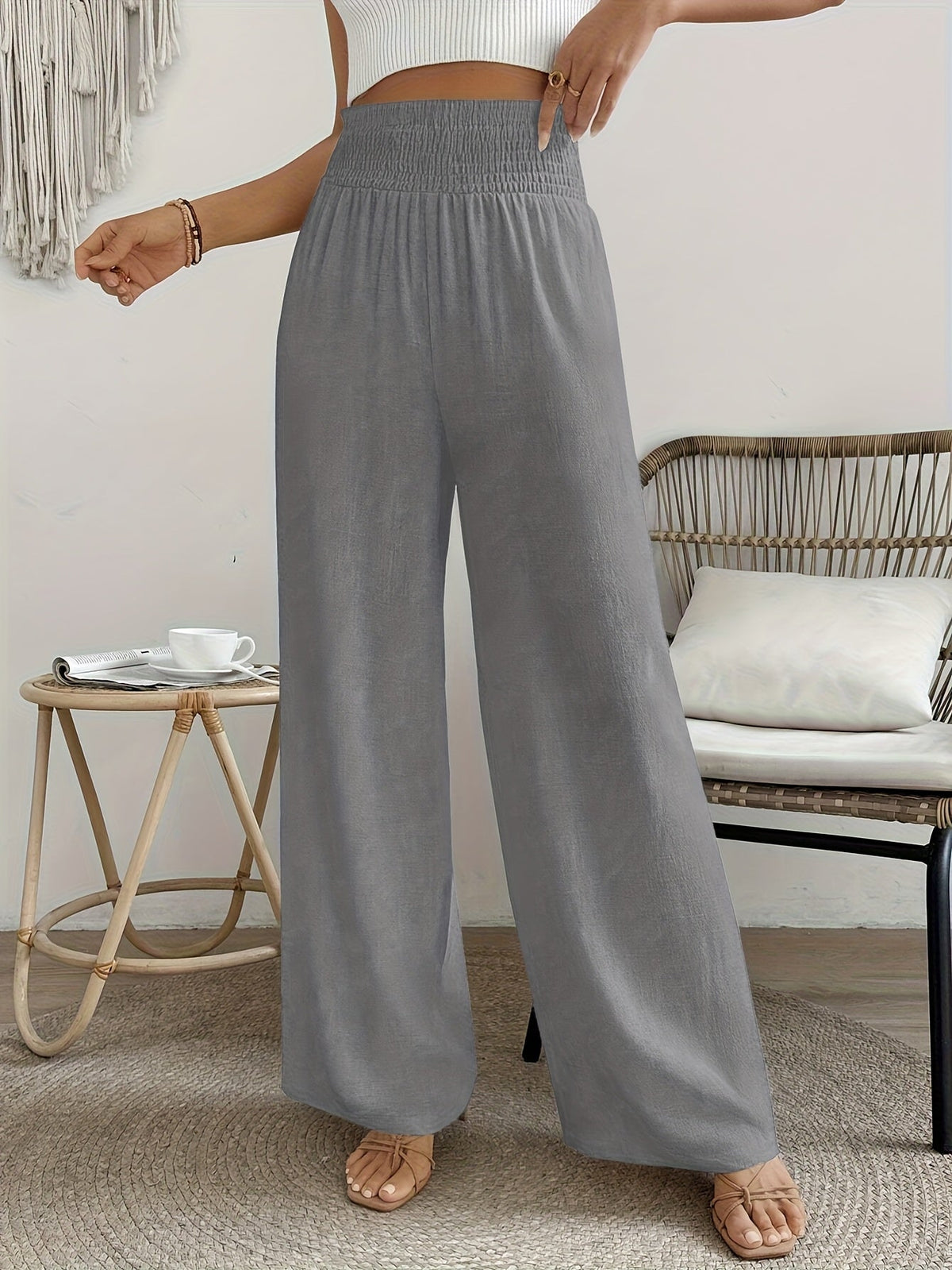 Women's High-Waist Elegant Solid Color Pants Smooth Micro Elasticity Trousers - Casual Chic Machine Washable Bottoms for Spring Summer Fall Office Daily Wear