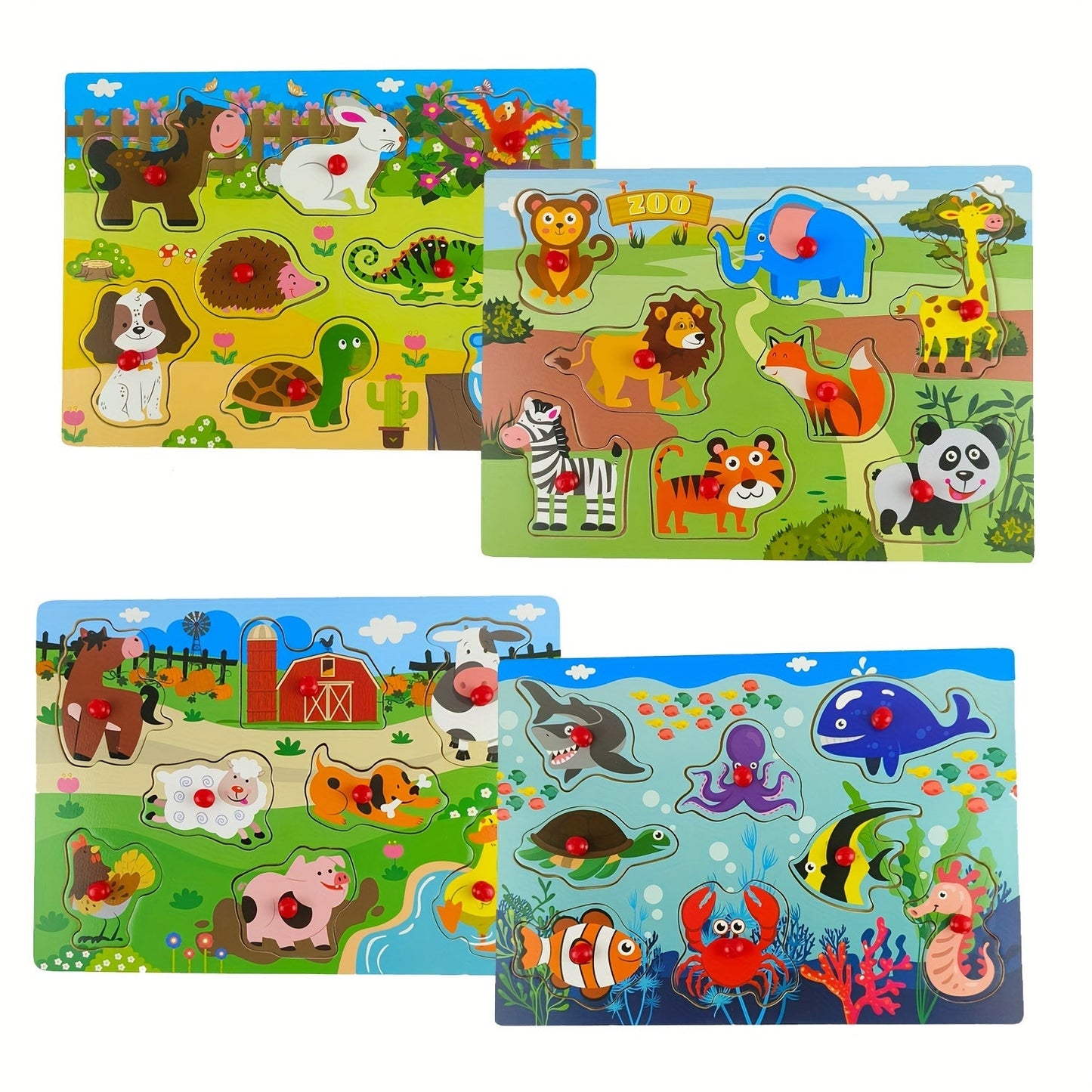 Wooden Peg Puzzle Set of 4 for Toddlers 32 Pieces Knob Puzzles Farm and Zoo Animal Themes Montessori Learning Toy for Ages 1 2 3 Birthday Christmas Easter Gift Boys Girls