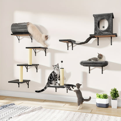7-Piece Wall Mounted Cat Climbing Shelf Set – Deluxe Indoor Cat Furniture with Cat Condo, Wall Shelves, Scratching Post, Bridge Ladder & Tunnel, Space-Saving Cat Wall Playground for All Cat Sizes