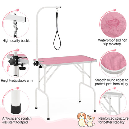 Foldable Pet Grooming Table for Dogs & Cats, Height-Adjustable Arm with Non-Slip Waterproof Surface & Folding Legs, Portable Home & Professional Pet Beauty Station