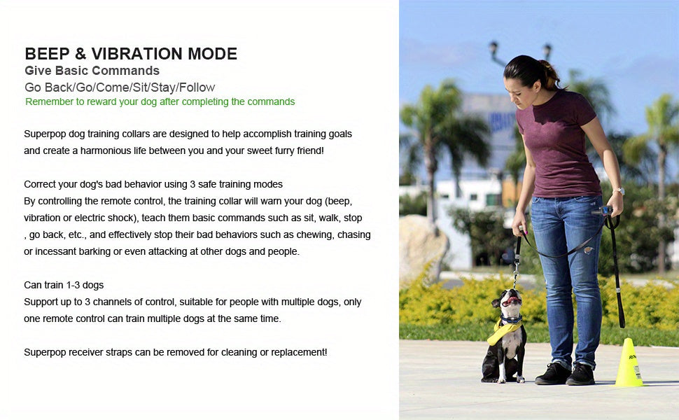 Dog Training Collar with Remote – IP68 Waterproof Rechargeable E-Collar for Small Medium Large Dogs, 3 Safe Training Modes (Beep, Vibration, Shock), 1640ft Range, Black