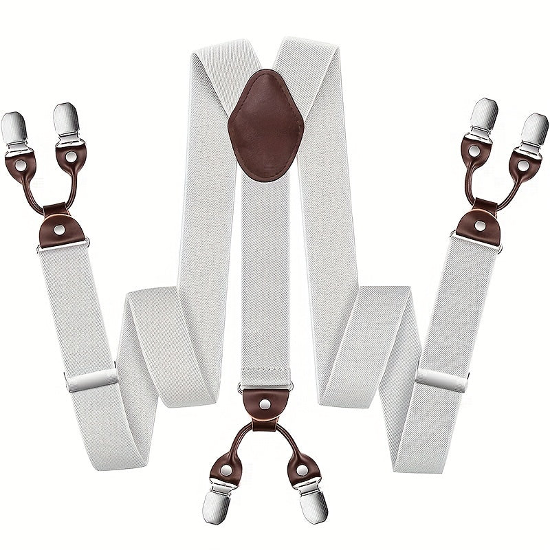 Men's Suspenders Y-Back PU Leather Heavy Duty Suit Brace with 6 Metal Clips – Adjustable Elastic Vintage Style, Black Gray Navy Blue White Coffee Beige Wine Red, Casual & Formal Wear