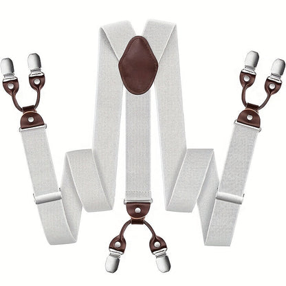 Men's Suspenders Y-Back PU Leather Heavy Duty Suit Brace with 6 Metal Clips – Adjustable Elastic Vintage Style, Black Gray Navy Blue White Coffee Beige Wine Red, Casual & Formal Wear