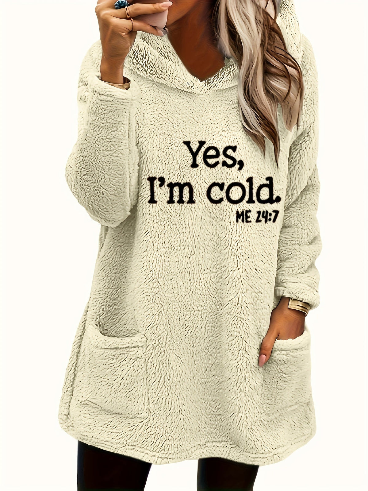 Women's "Yes I'm Cold" Teddy Bear Graphic Hooded Sweatshirt – Cozy Fleece-Lined Pullover Hoodie Double Pocket Long Sleeve 100% Polyester Fall Winter Casual Top