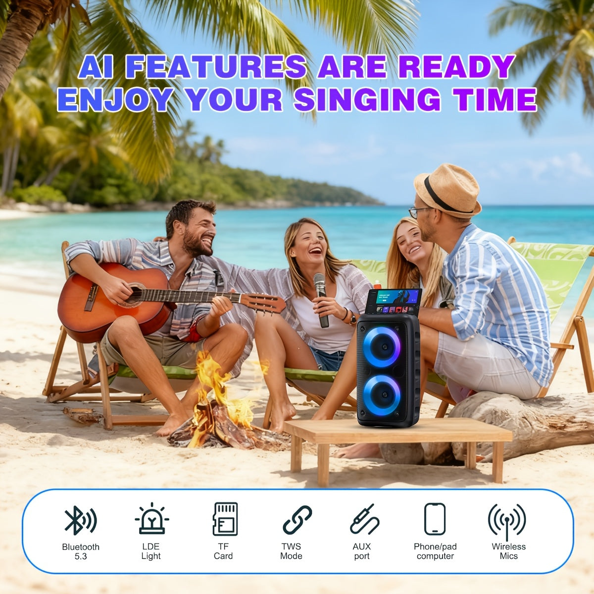 Portable Wireless Karaoke Bluetooth Speaker with Subwoofer - 1200mAh Battery, TF Card & USB Support, Compact High-Power Party Speaker with Microphone Option, Tabletop Mount & Button Control