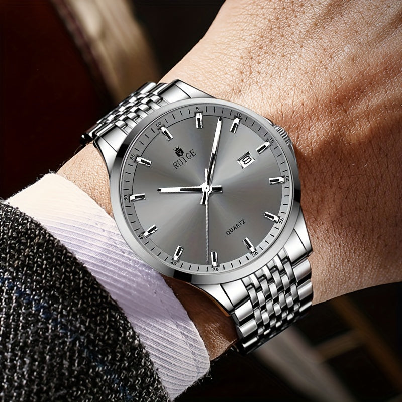 RUIGE Men's Luxury Quartz Watch Stainless Steel with Calendar Night Light Rhinestone Accents - Sports Business Dress Watch for Men Gift for Him