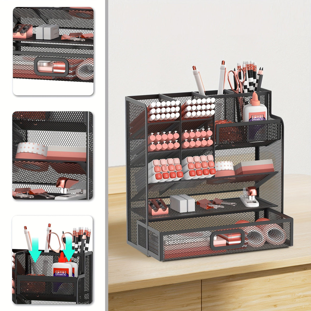 Mesh Desk Organizer with Drawer & Pen Holder – Pencil Cup Storage for Office, School & Art Studio, Breathable Mesh Design, Available in Black, Yellow & Blue