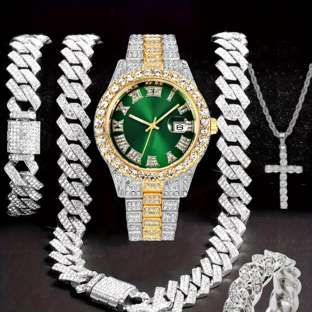 Men's Hip Hop Watch & Jewelry Set - Cuban Chain Pendant Necklace Bracelet Combo, Trendy Bling Accessories for Men, Perfect Gift for Christmas Birthday Valentine's Day Father's Day