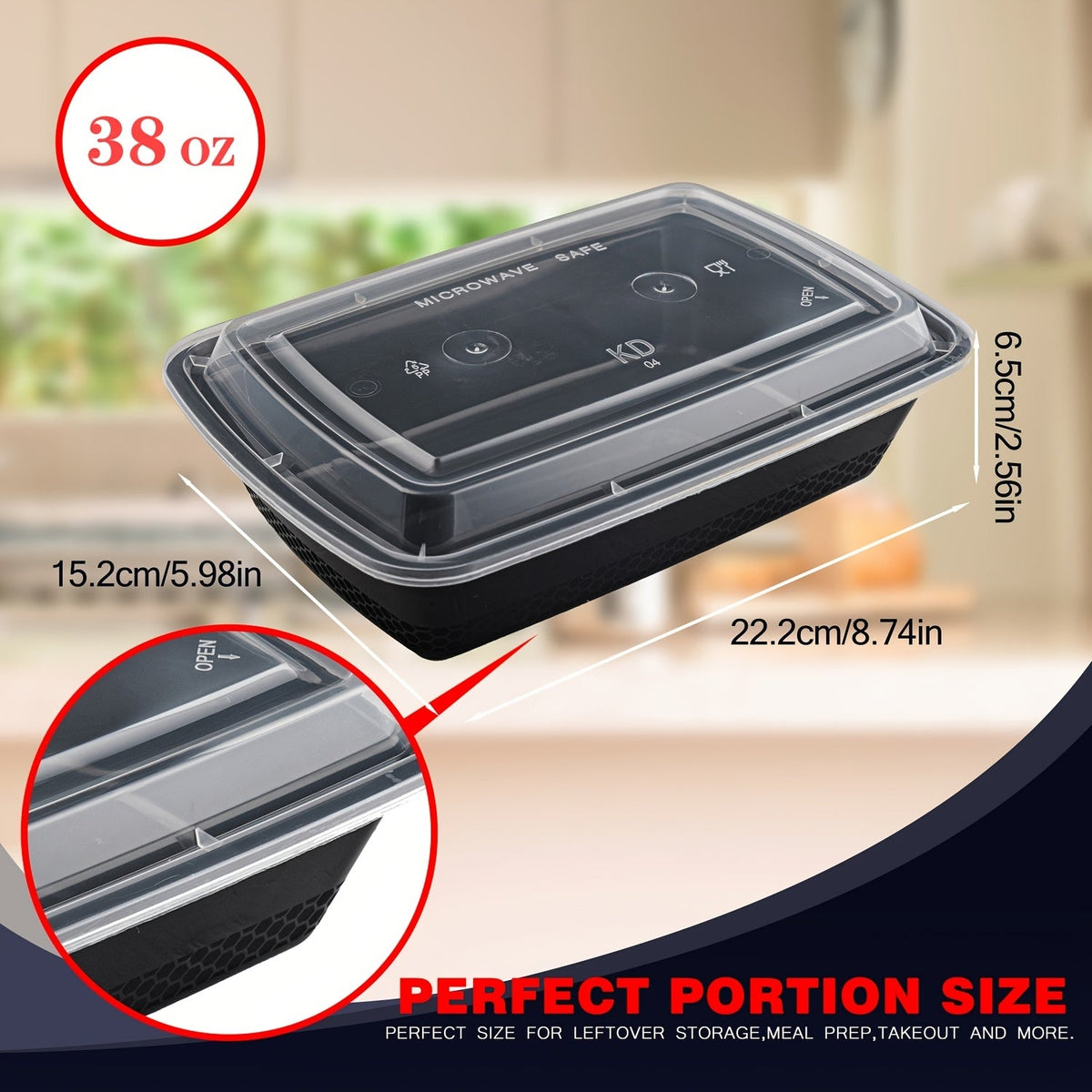 38oz Black Rectangular Meal Prep Containers 100/200 Pack Leakproof Stackable Disposable Food Storage Bento Box BPA Free Microwave Dishwasher Freezer Safe Takeout Lunch Picnic