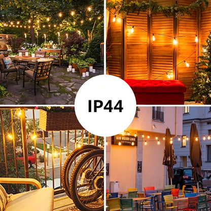 Solar LED String Lights Outdoor Waterproof 50FT & 100FT – ST38 Shatterproof Dimmable Bulbs, USB-C & Solar Powered, 4 Modes, for Patio Yard Pool Garden Wedding Camping Christmas Decor