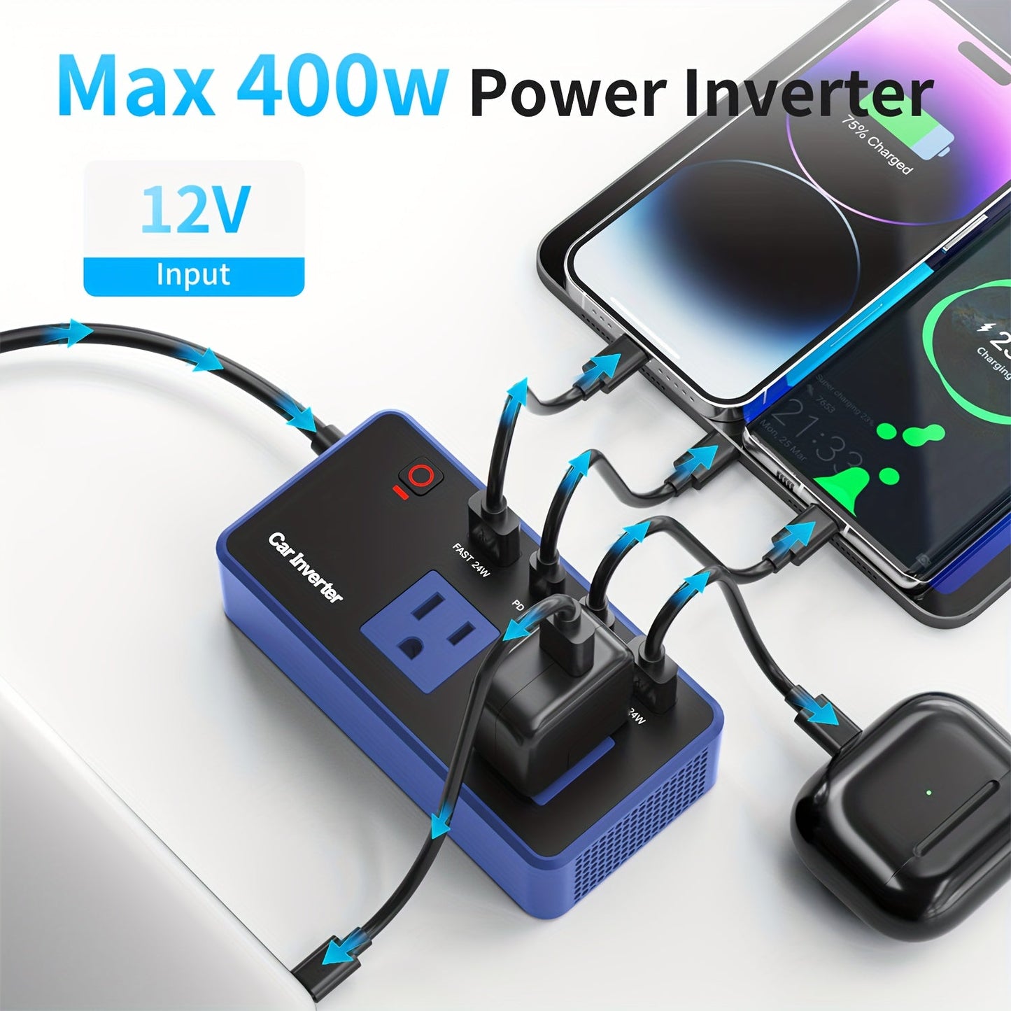 200W Car Power Inverter 12V to 110V AC – USB-C PD 24W Fast Charging, QC3.0 Dual USB Ports, Multi-Protection Car Charger Adapter for Laptop Phone Travel Road Trip