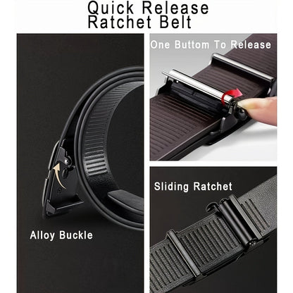 Men's Automatic Ratchet Buckle Belt - Black Adjustable Sliding Belt for Business Dress & Jeans, Durable Comfortable No-Holes Belt with Micro-Adjustable Buckle, Perfect Gift for Dad & Husband