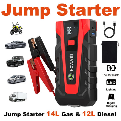 Car Jump Starter with Air Pump & Digital Tire Pressure Gauge – 12V Portable Emergency Starter for Cars, Trucks, SUV, RV & Motorcycles, LED Display, SOS Light & Window Breaker