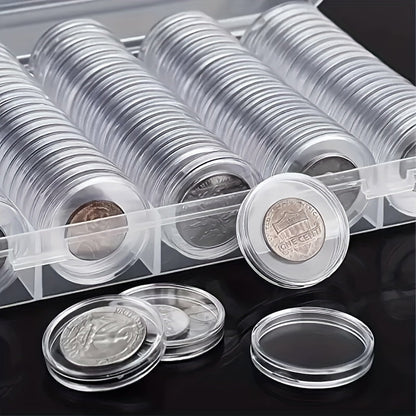 100 Pack Clear Coin Capsules Transparent Collection Storage Boxes with Secure Snap Lid – Multi-Compartment Organizer for Coins, Souvenirs, Small Collectibles & Hobby Items