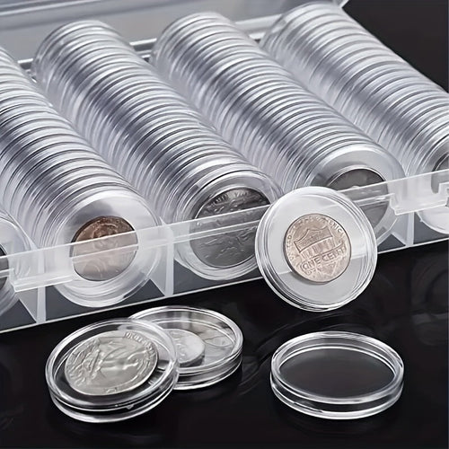 100 Pack Clear Coin Capsules Transparent Collection Storage Boxes with Secure Snap Lid – Multi-Compartment Organizer for Coins, Souvenirs, Small Collectibles & Hobby Items