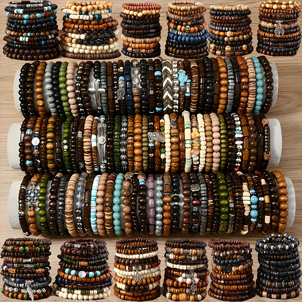 Boho Wood Beaded Bracelet Set – Stackable Elastic Bracelets with Turtle, Cross, Leaf & Feather Charms, Mixed Colors, Choose 12, 24, 47 or 87 Pcs – Perfect for Daily Wear & Gifting