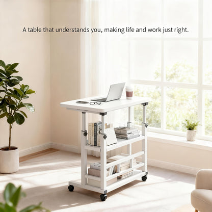 Portable Mobile Desk with Wheels & Adjustable Height Lift Table – Small Computer Study Desk for Bedside Sofa Crafts Home Office in Black or White