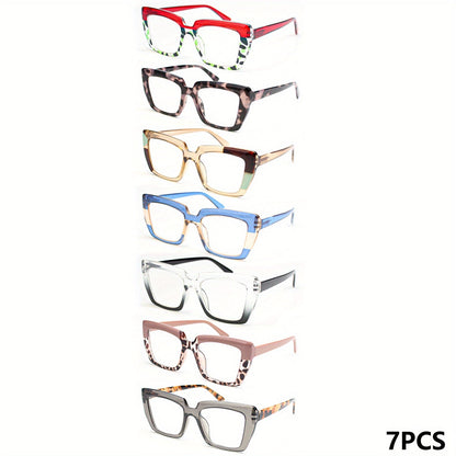 7-Pack Women's Reading Glasses Set with Large Square Frames – 7 Colors, Presbyopia Readers +100 to +400, Stylish Eyewear for Work, Driving & Parties, Great Gift for Women
