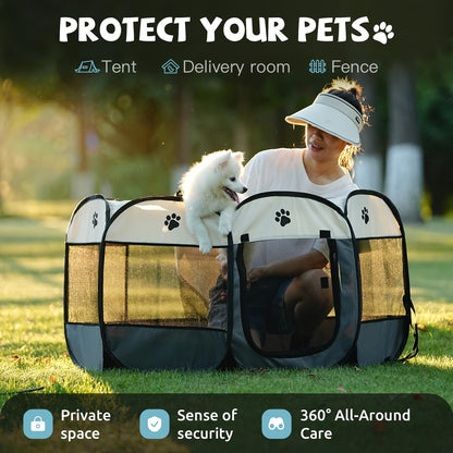 Foldable Octagonal Pet Playpen Tent for Dogs and Cats - Oxford Fabric No Assembly Required, Indoor Outdoor Pet Enclosure Kennel Maternity Room, Available in M L XL, Blue & Beige
