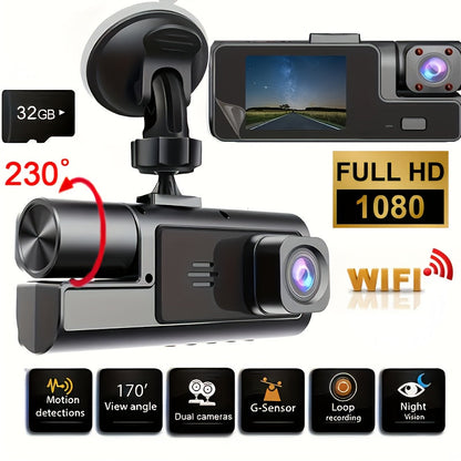 Dash Cam 2 & 3 Camera 1080P Front 720P Rear | Infrared Night Vision, 170° Wide Angle, WiFi, Loop Recording, G-Sensor, 32GB, 24H Parking Mode – Front and Rear Car Camera for All Vehicles