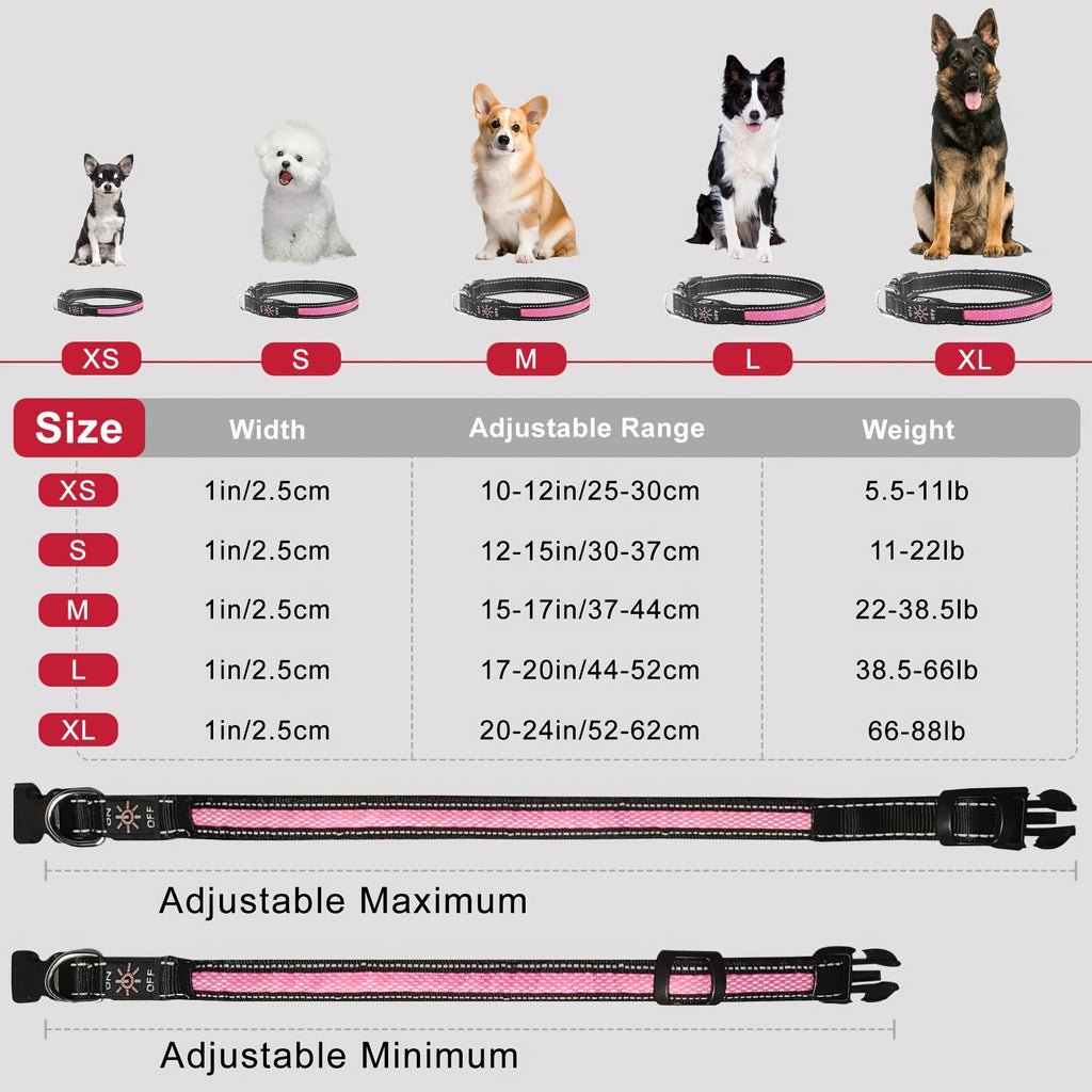 LED Dog Collar USB Rechargeable Soft Mesh – Adjustable Light Up Safety Collar for Small Medium Large Dogs, 5 Colors Blue Green Pink Red Yellow, Sizes XS to XL for Night Walking