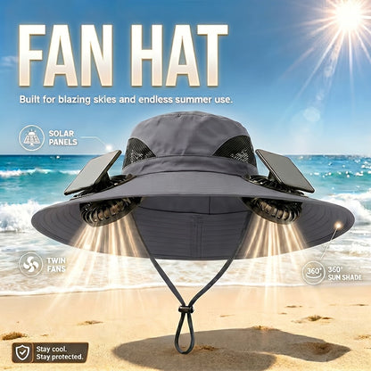 Solar Powered Cooling Fan Wide Brim Sun Hat – 2 Built-In Solar Fans, Adjustable Wind Speed, Breathable Mesh, UV Protection Outdoor Hat with Chin Strap for Fishing, Camping & Travel
